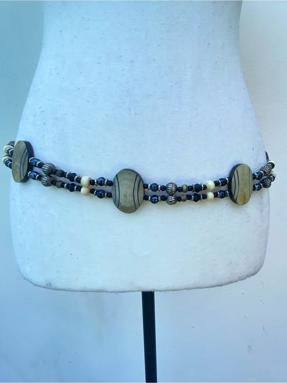 Y2K Black Tan & Cream Tribal Beaded Belt One Size